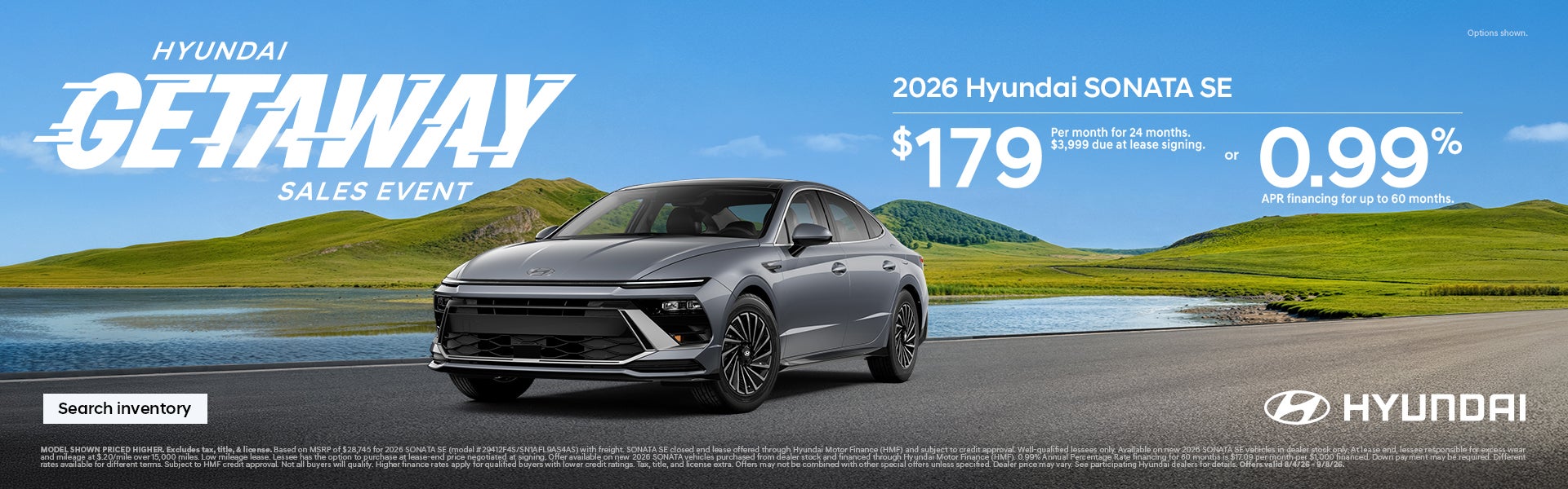 Sonata $179/24/$3,999 Lease or 0.99% APR for 60 mos.
