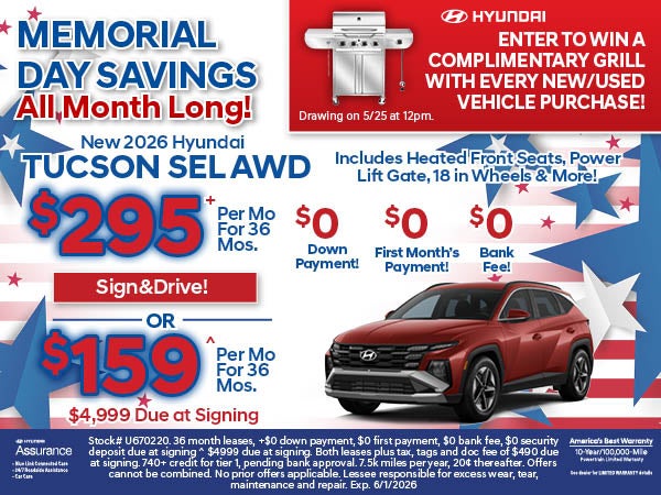 Tucson SEL AWD: $295/Mo Lease