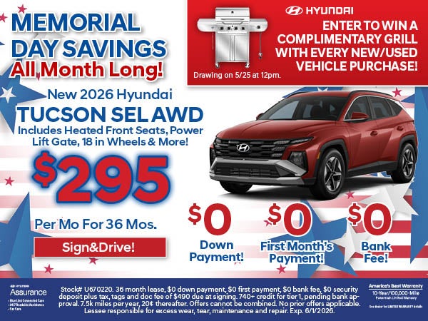 Tucson SEL AWD: $295/Mo Lease