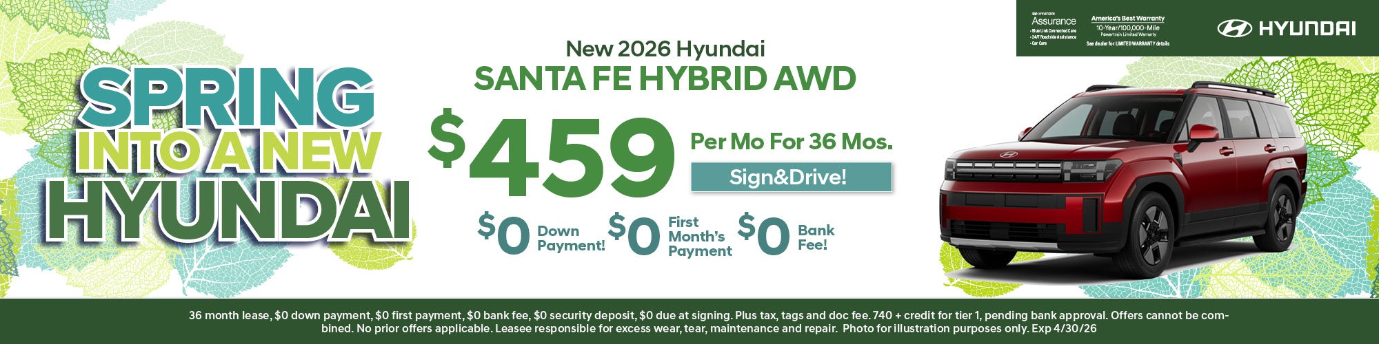 New Santa Fe Hybrid Lease: $459/Mo For 36 Mos