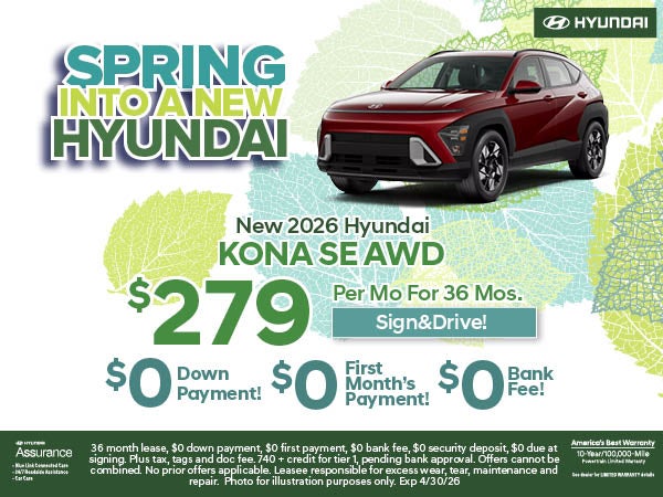 New Kona SE AWD Lease: $279/Mo For 36 Mos