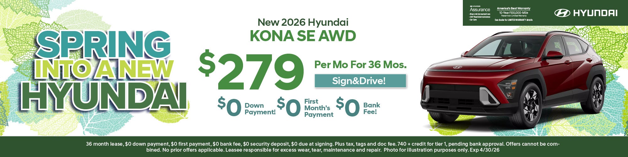New Kona SE AWD Lease: $279/Mo For 36 Mos